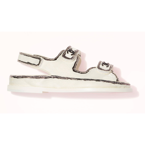 Chanel 22C White Black Graffiti CC Logo Mule Slide Strap Flat Dad Sandal 36.5 - Picture 1 of 12